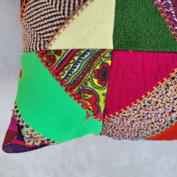 Vintage Crazy Patchwork Throw Pillow 14x14 Polyester Handmade Quilted Embroidery - Picture 7 of 16